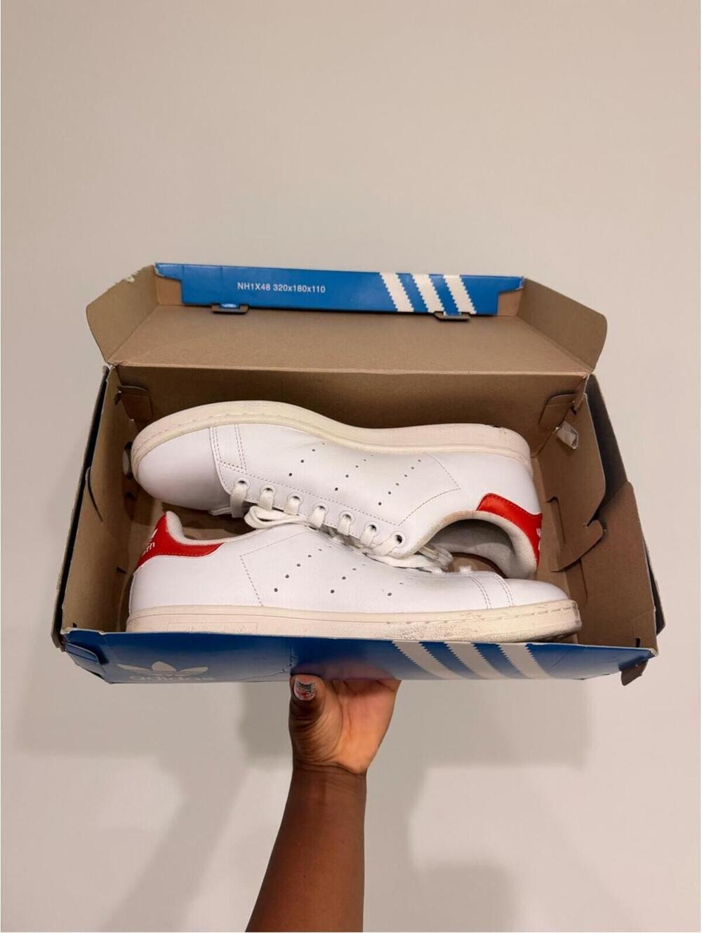 White Leather Adidas Stan Smith Sneakers with Red Heel Tab